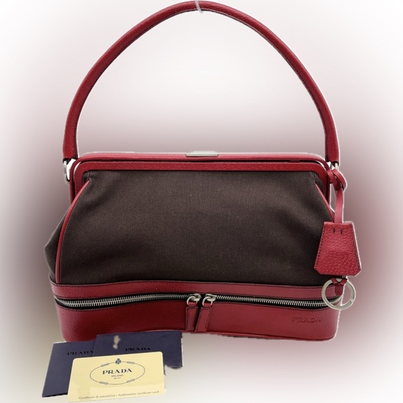 Prada Handbags - Prada Doctor’s Bag Red & Brown Canvas and Leather EUC with Documents